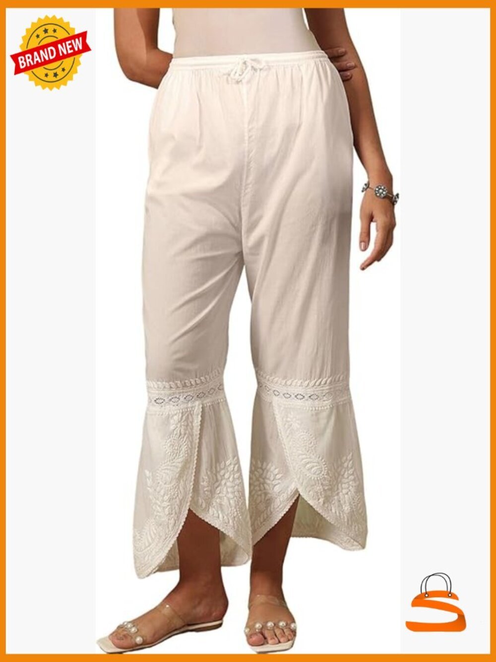 Indian Chikankari White Cotton Palazzo Pants for Women Wide Leg Mid Rise